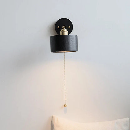 DecorBites™ Black Wood LED Wall Light with Pull Chain Switch, Rotating Japanese Style Bedside Lamp