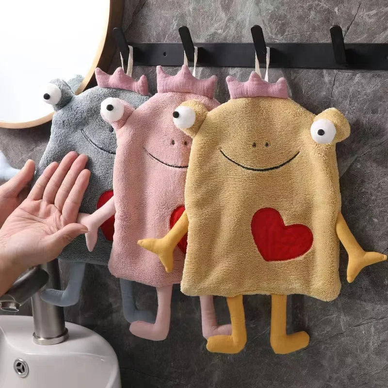 DecorBites™ Frog Design Hand Towel - Soft Coral Velvet, Kids Friendly, Absorbent & Multipurpose