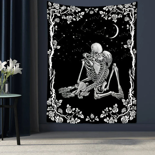 Decobites Lovers Skull Tapestry Wall Hanging Black White Romantic Skeleton Home Decor