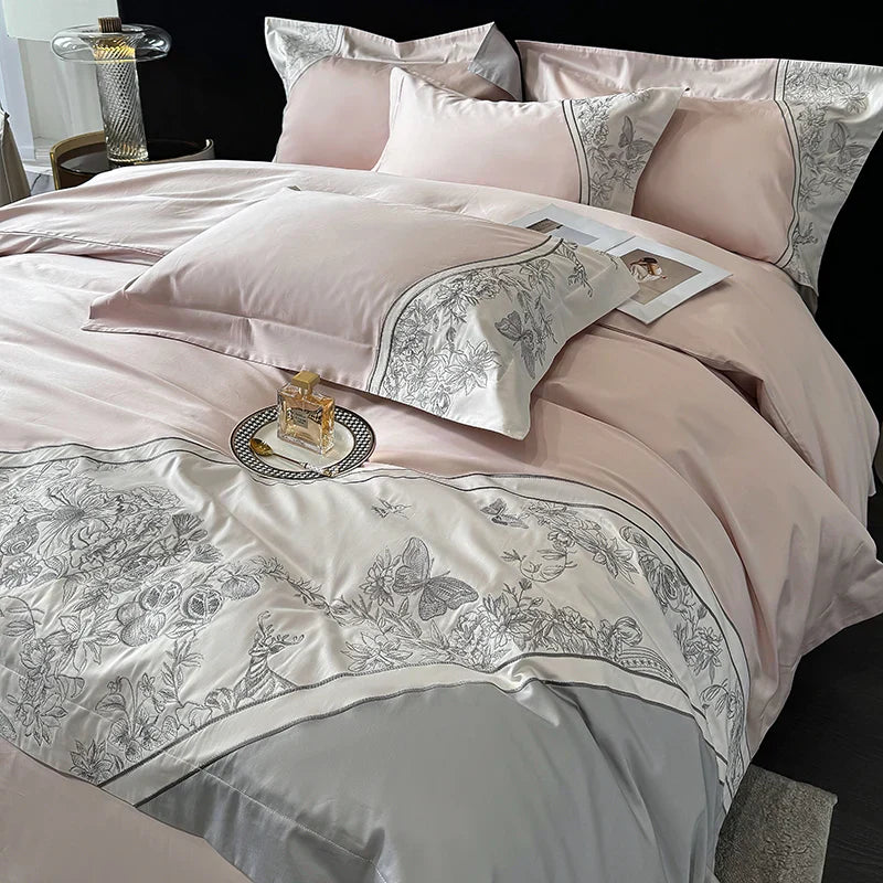 Juego de cama DecorBites™ Luxe con bordado de mariposas y flores, incluye funda nórdica, sábana y fundas de almohada (4 piezas).