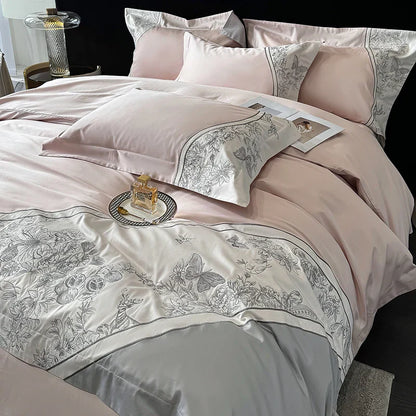 Juego de cama DecorBites™ Luxe con bordado de mariposas y flores, incluye funda nórdica, sábana y fundas de almohada (4 piezas).