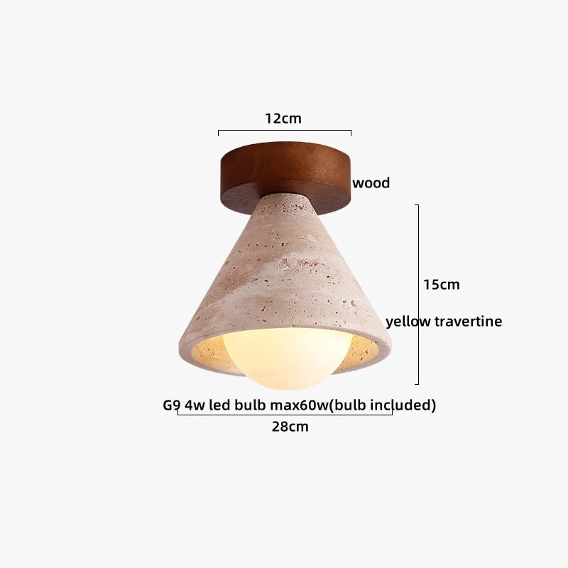 DecorBites™ Japan Style LED Ceiling Light Yellow Travertine Stone Wood Base Bedroom Luminaire