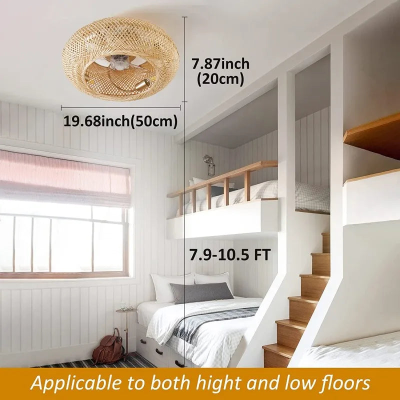 DecorBites™ Bamboo Ceiling Fan with Rattan Cage Light & Remote Control