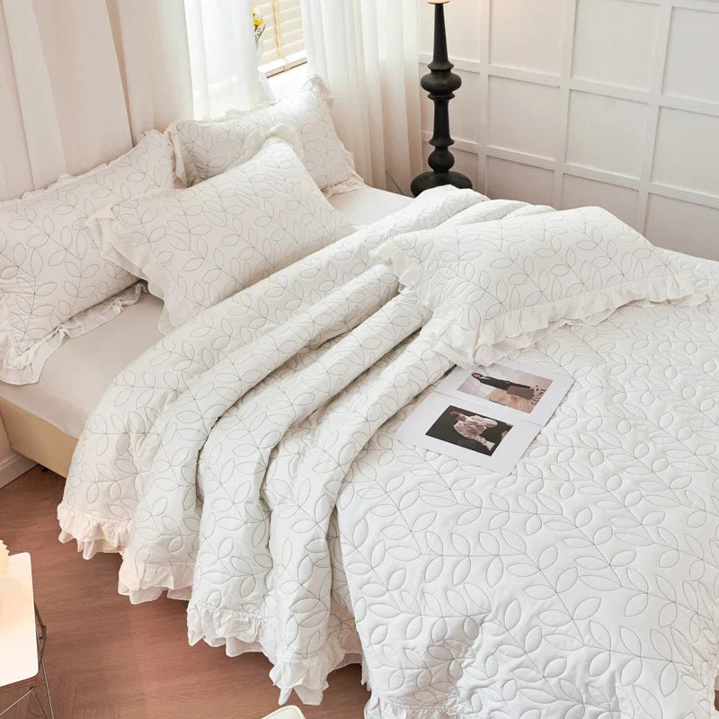 DecorBites™ Leaf Embroidery Double Layer Lace Ruffles Quilt Set with Bedspread & Pillowcases
