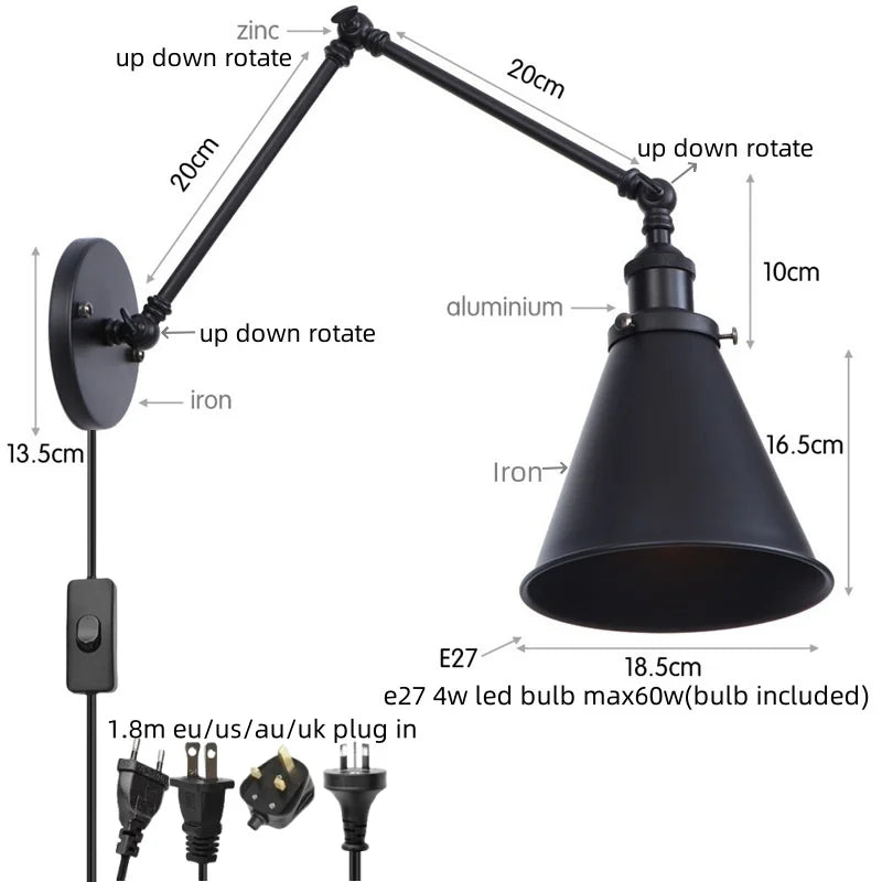 Lámpara de pared de brazo largo LED Decorbites™ con interruptor de cadena de tiro para hogar, hotel y baño