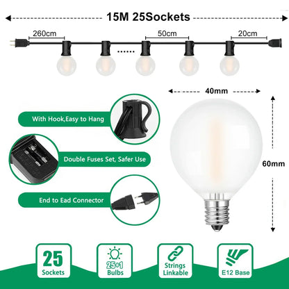 DecorBites™ LED Globe String Lights with E12 Base for Outdoor Patio Garland