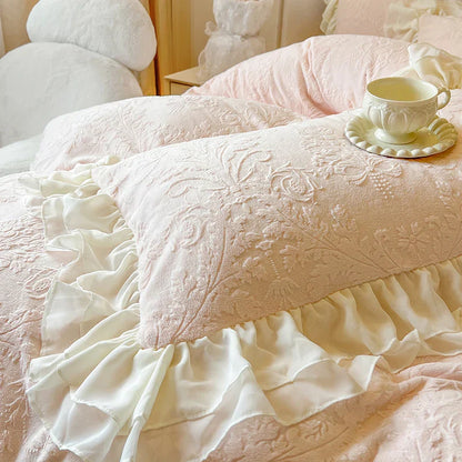 Decobites Pink Velvet Princess Bedding Set with Lace Ruffles and Bow Accents