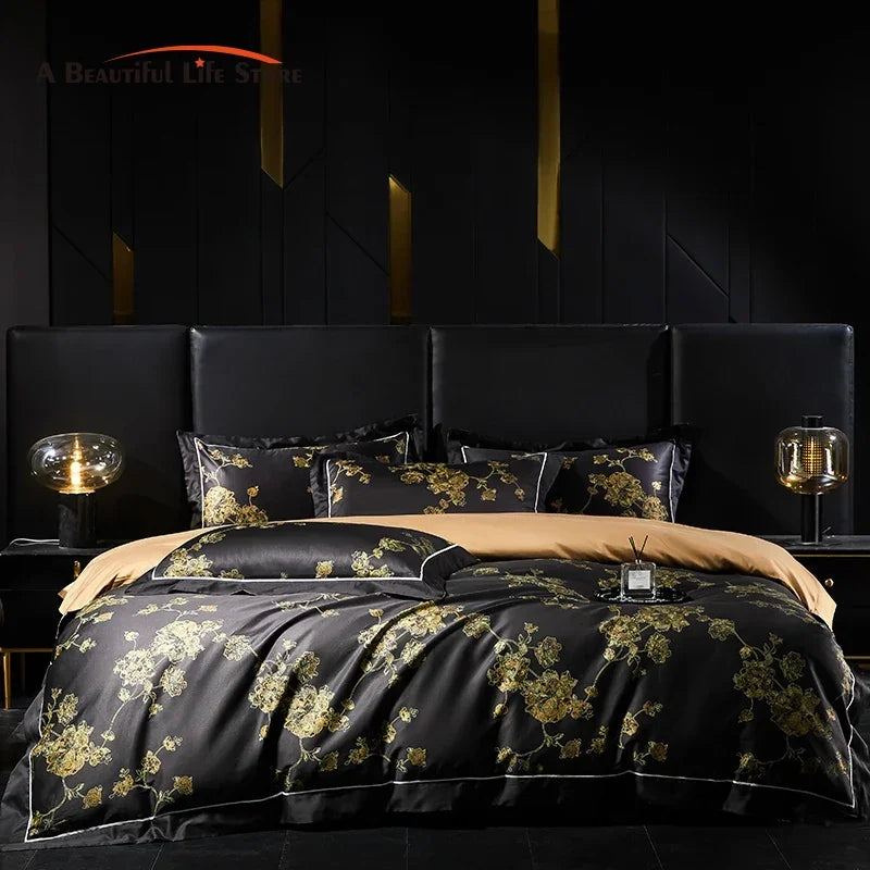 Decorbites™ Gold Flowers Luxus-Bettwäsche-Set aus ägyptischer Baumwolle mit 1000TC weichem Daunendeckelbezug, Laken und Kissenbezügen