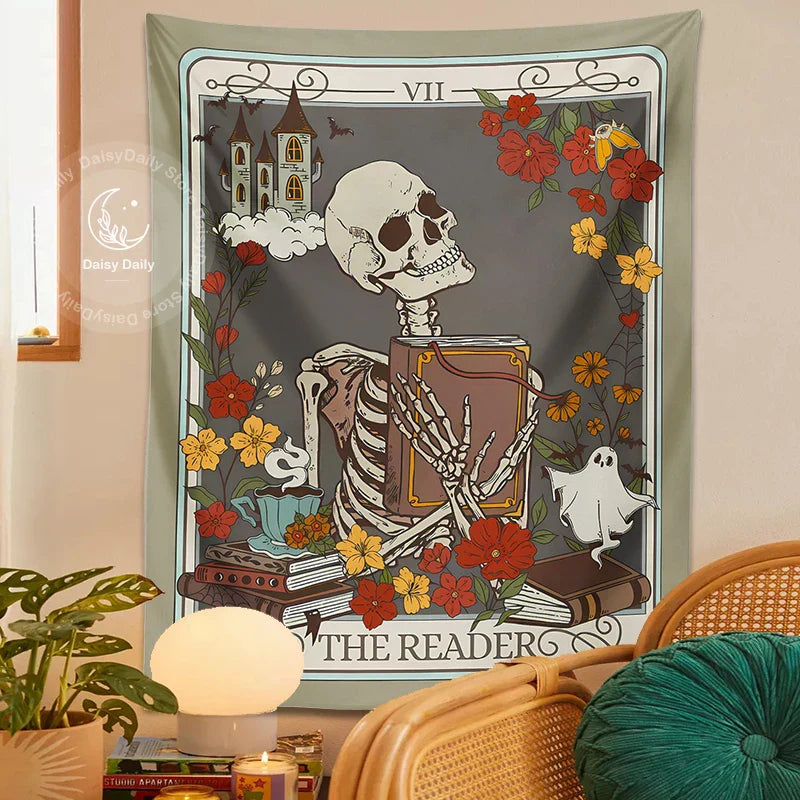 Decobites Reader Tarot Card Tapestry: Mystical Skeleton Wall Hanging for Home Decor