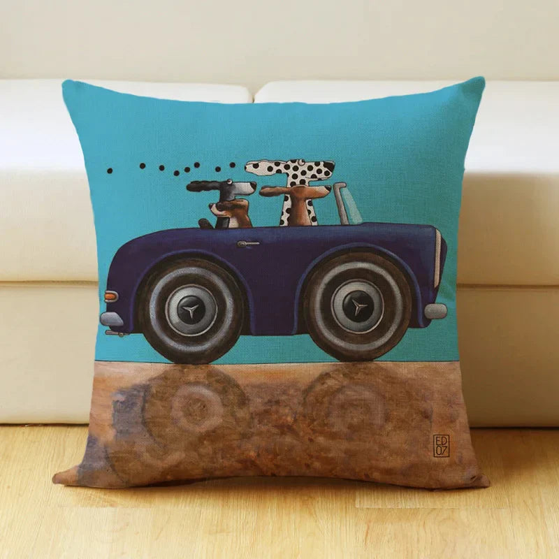 DecorBites™ Cartoon Dog Car Drive Pillow Cover 45x45cm Linen Sofa Home Decor