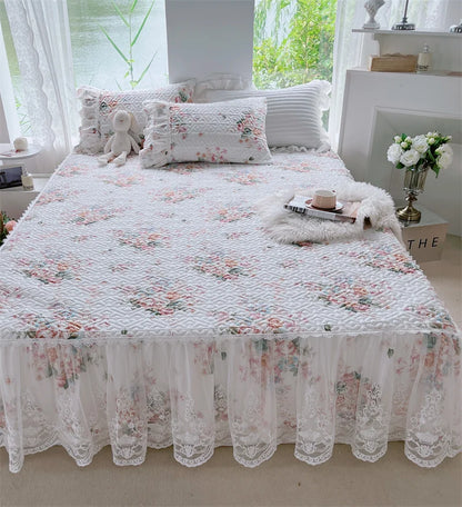 Decobites French Floral Print Bedding Set: Duvet Cover, Lace Ruffles, Quilted Embroidery, Pillowcases