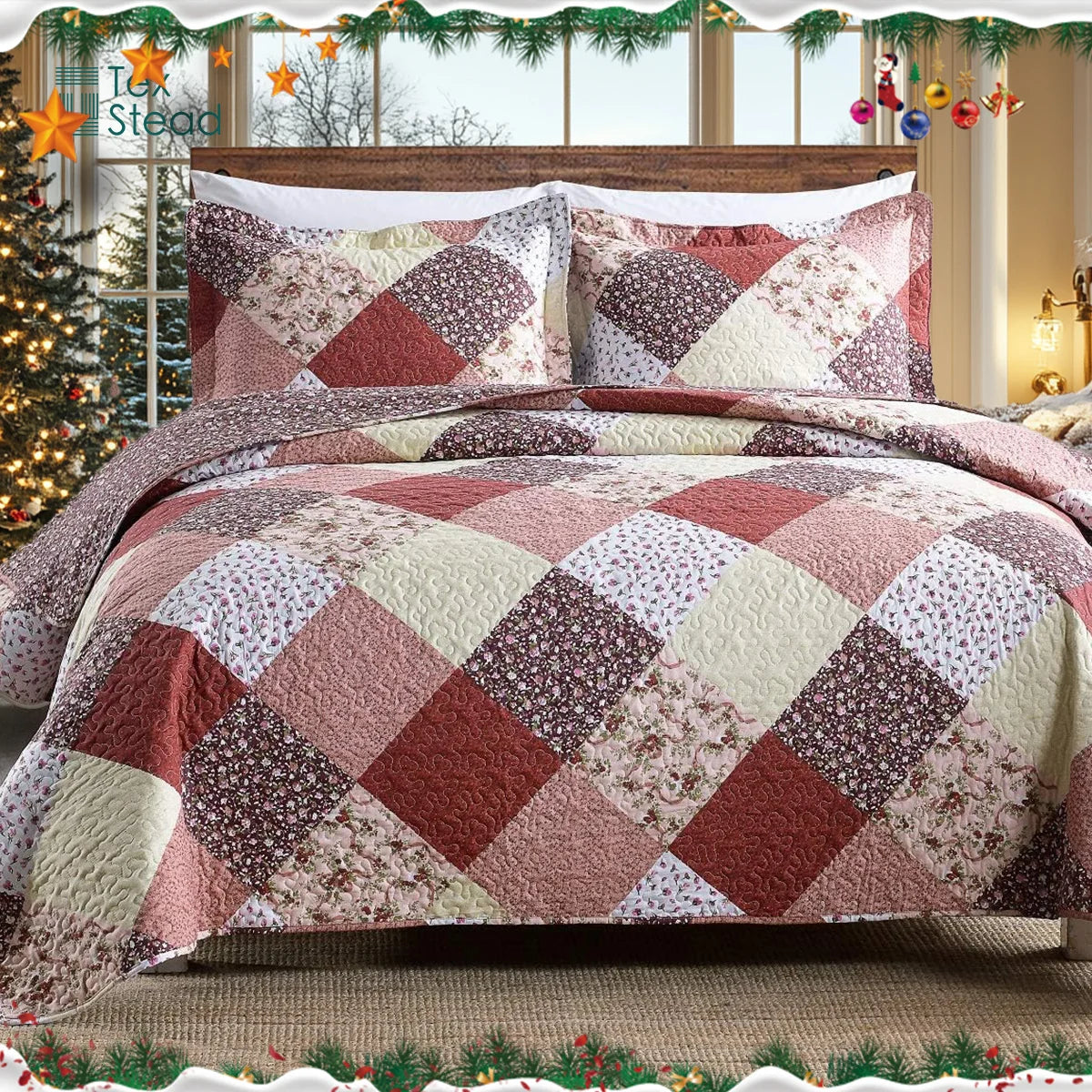 Decobites Multicolour Floral Patchwork Print Bedspread Set with Two Pillow Shams