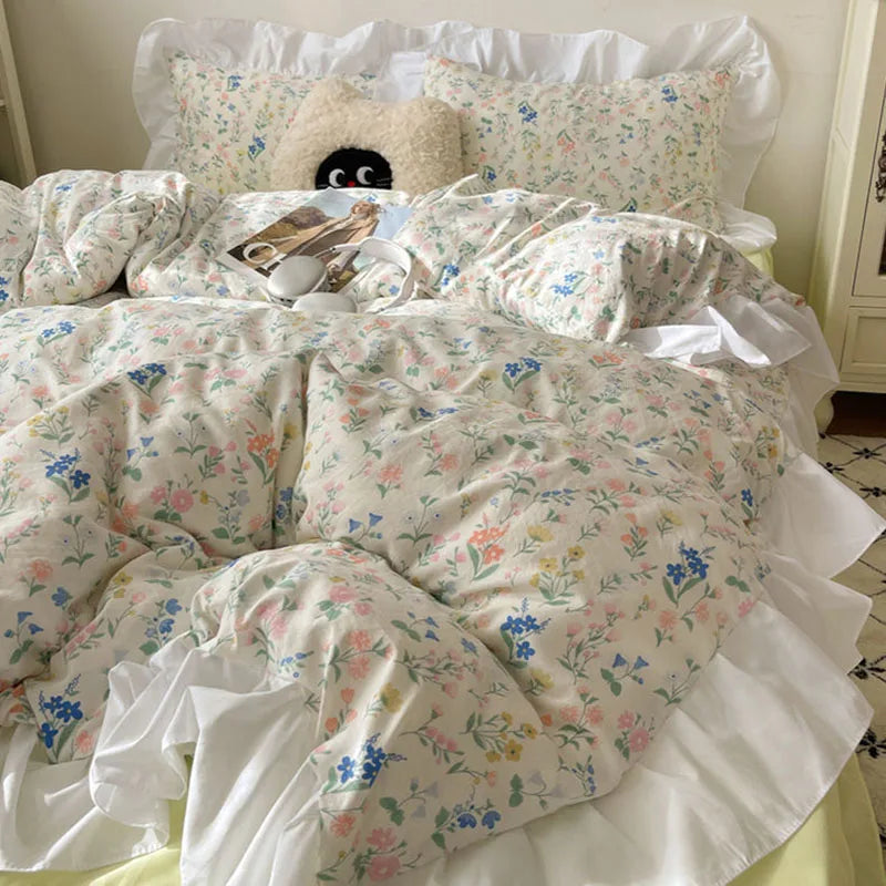 DecorBites™ Korean Lace Bedding Set, Full Double Size, Washed Cotton, Soft Bedclothes