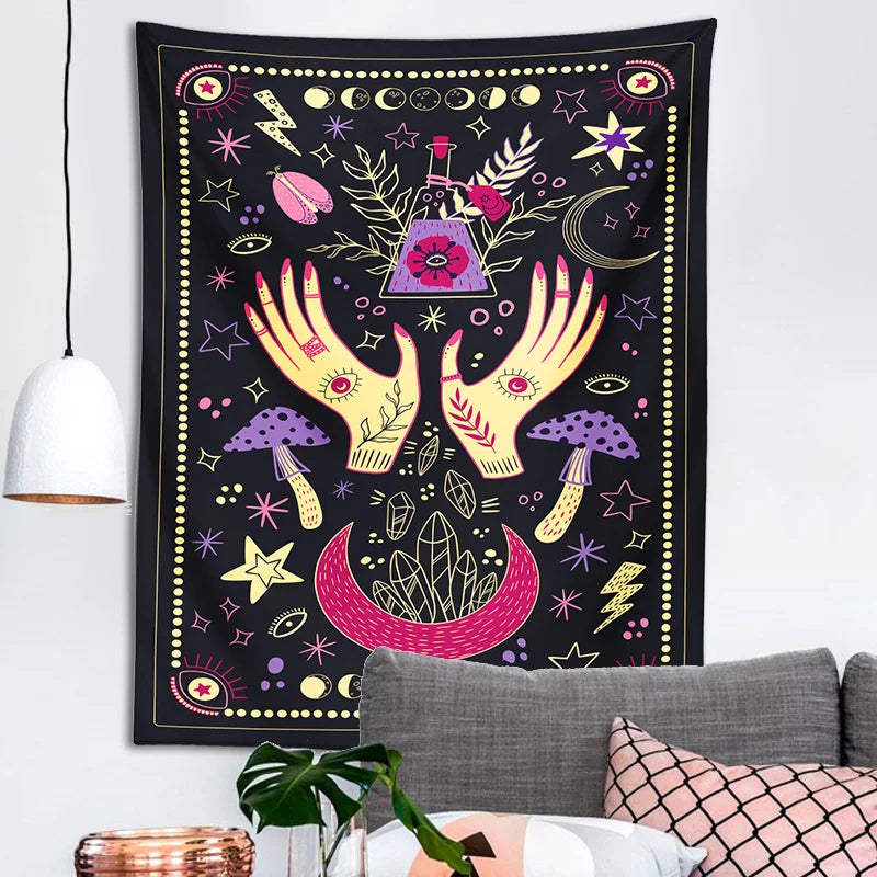 Decobites Tarot Mushroom Tapestry: Witch Hand Snake Moon Phase Botanical Moon Phase Mystery