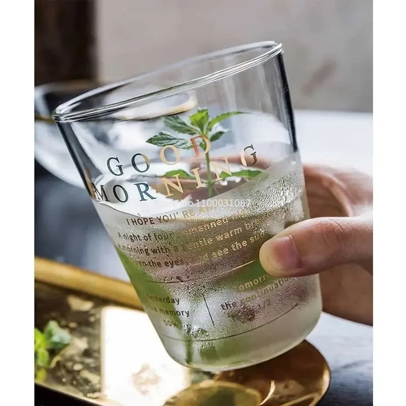 DecorBites™ Glass Breakfast Cup Gold Letter Print for Coffee Milk Juice Tea Home Office