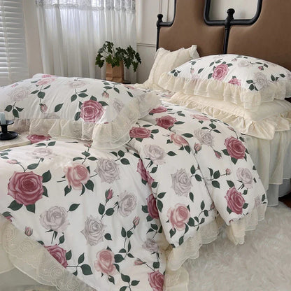 Decobites Vintage French Rose Flowers Double Layer Lace Ruffles Bedding Set