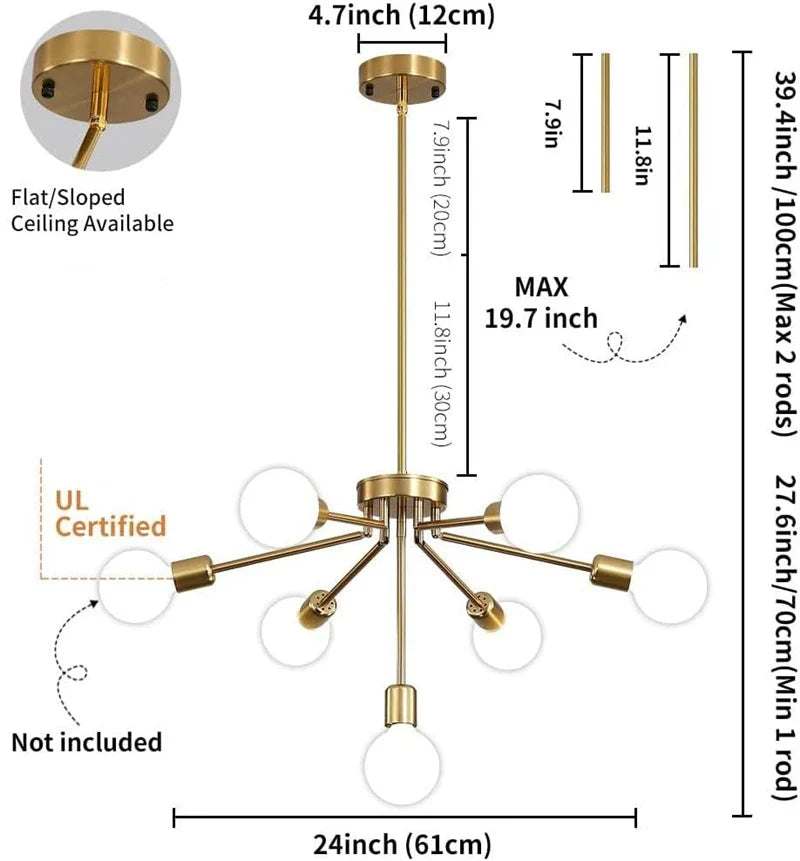 ثريا سقف نورديك DecorBites™ ذات 8 رؤوس باللون الأسود والأبيض والذهبي لديكور المنزل العصري
