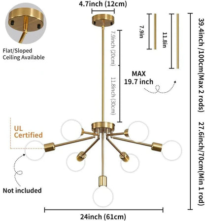 ثريا سقف نورديك DecorBites™ ذات 8 رؤوس باللون الأسود والأبيض والذهبي لديكور المنزل العصري