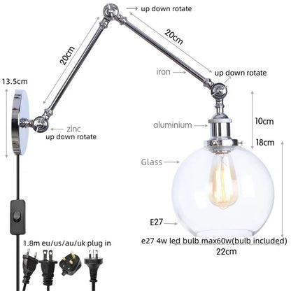 DecorBites™ Chrome Industrial LED Wall Sconce Swing Arm Clear Glass Lamp