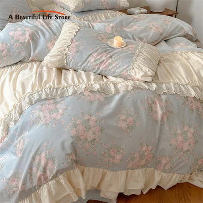 Decobites French Floral Bedding Set: Vintage Country Flowers with Ruffles, Duvet Cover, Flat Sheet & Pillowcases