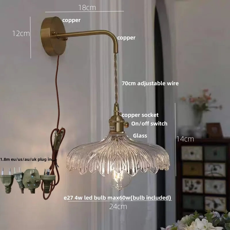 Decorbites™ Amber Vintage LED Wandlampe Glas Kupfer Zugschalter für Schlafzimmer