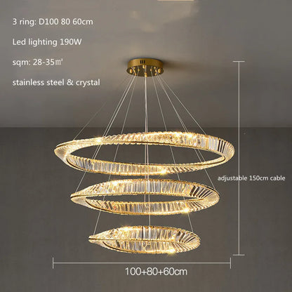 DecorBites™ Gold Plated Steel Ring Pendant Lamp with Dimmable LED Lights and K9 Crystals
