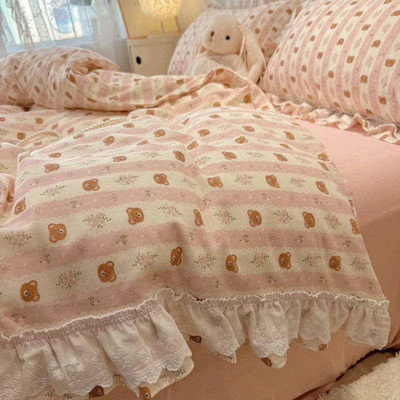 Decobites Floral Lace Ruffles Bedding Set in 100% Cotton, Korean Style, Single/Queen/King Size