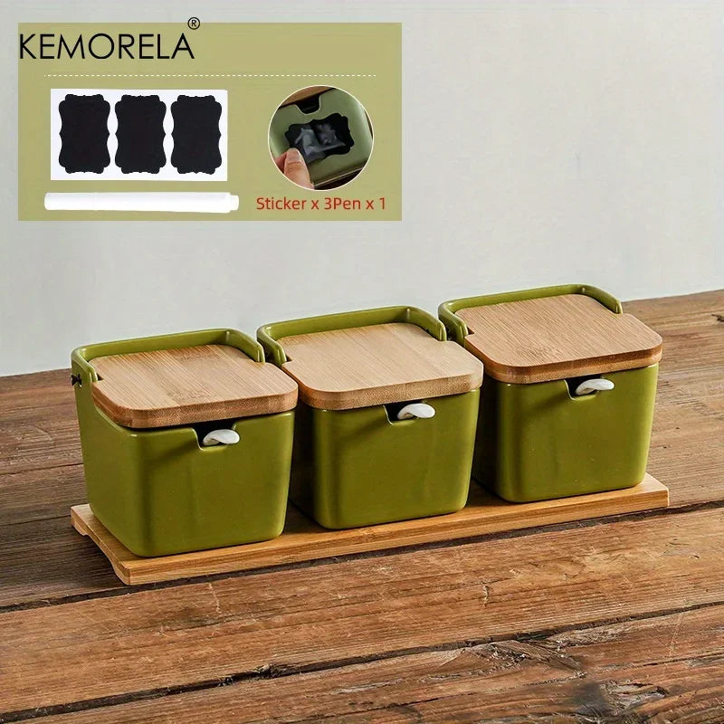 Conjunto de tarros de condimentos de cerámica retro japonesa Decorbites™ con bandeja - Organizador de cocina de 3 piezas
