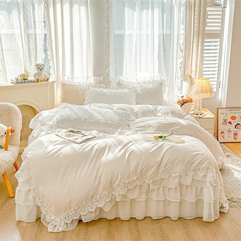 Decobites Lace Ruffles Princess Style 100% Cotton Bedding Set