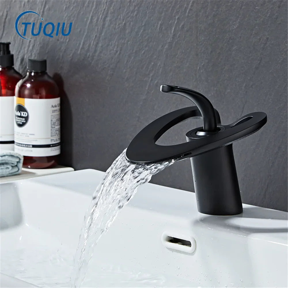 DecorBites™ Black Gray Brass Waterfall Basin Faucet Hot Cold Mixer Tap White Gold