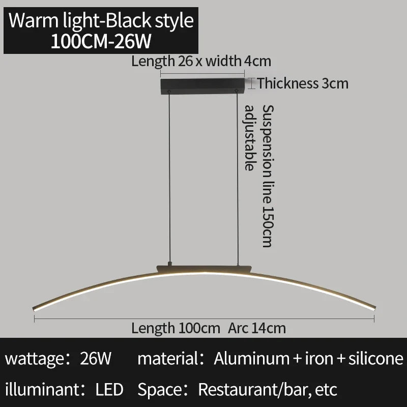Modern Curved Bridge LED Pendant Light in Black or Gold