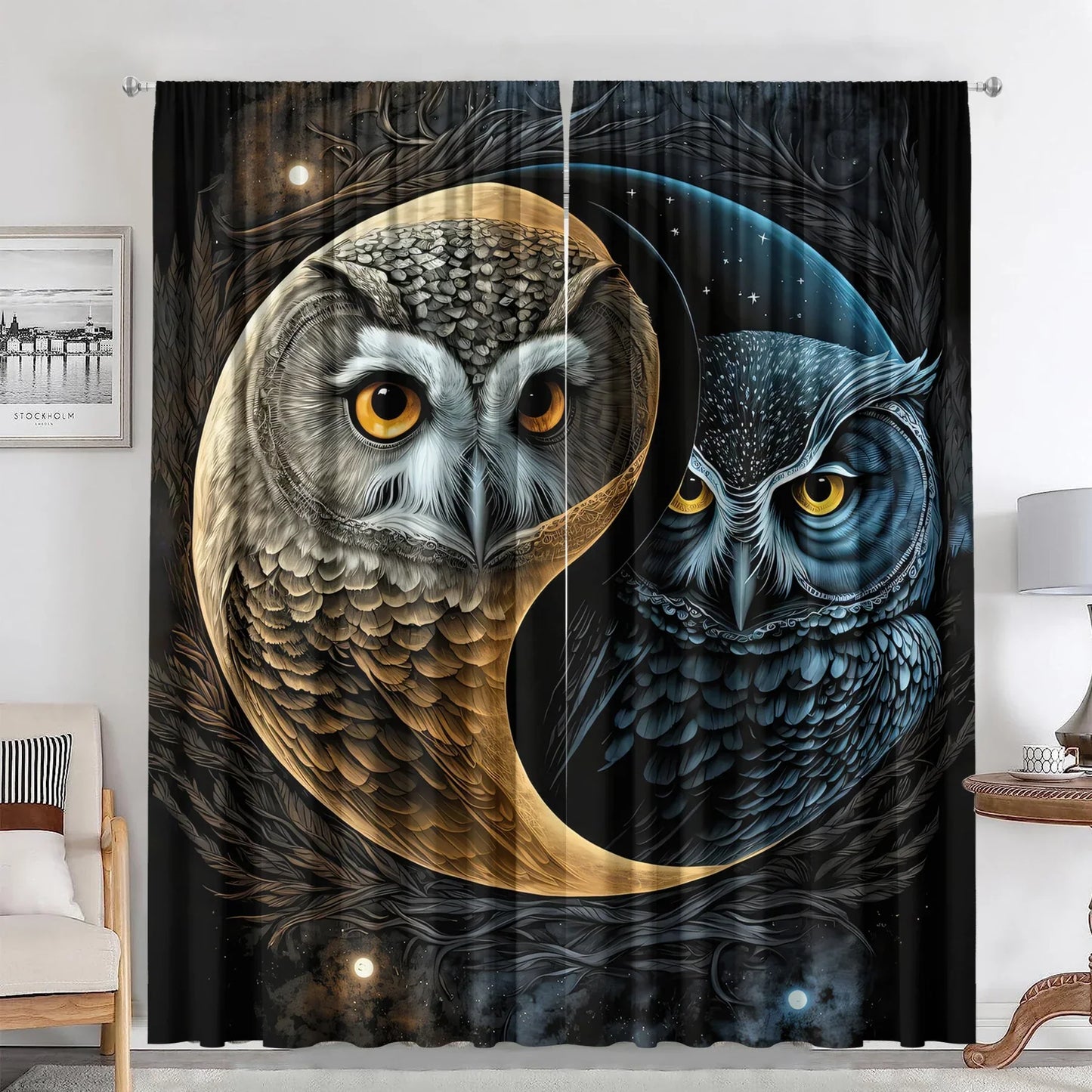 Night Owl Yin Yang Tai Chi Style Curtains by Decobites for Kitchens, Balconies, Cafes, Bedroom