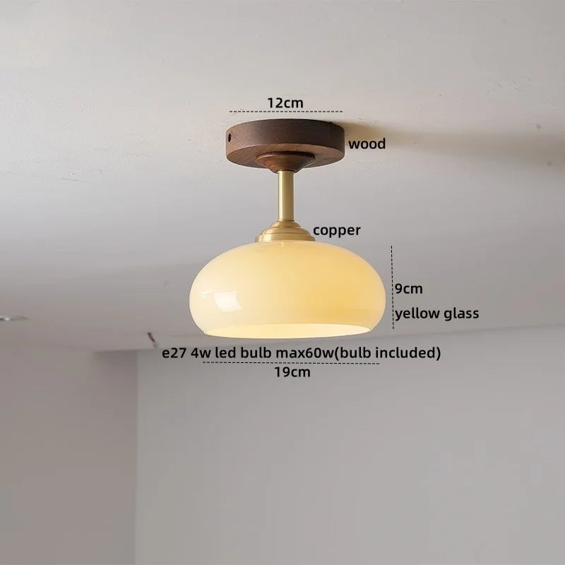 Green Glass Ceiling Lamp Copper Wood Accent
