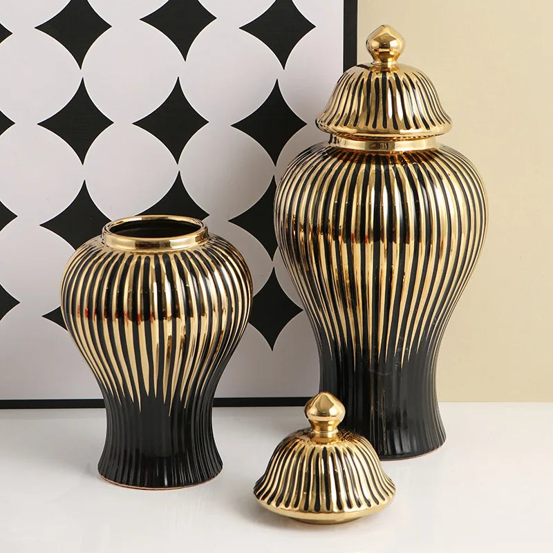 DecorBites™ Black Ceramic Checkmate Ginger Jar Vase with Gold Rim
