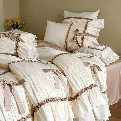 Decobites Romantic Bow Pleat Lace Ruffles Bedding Set Silky Duvet Cover Sheet Pillowcase