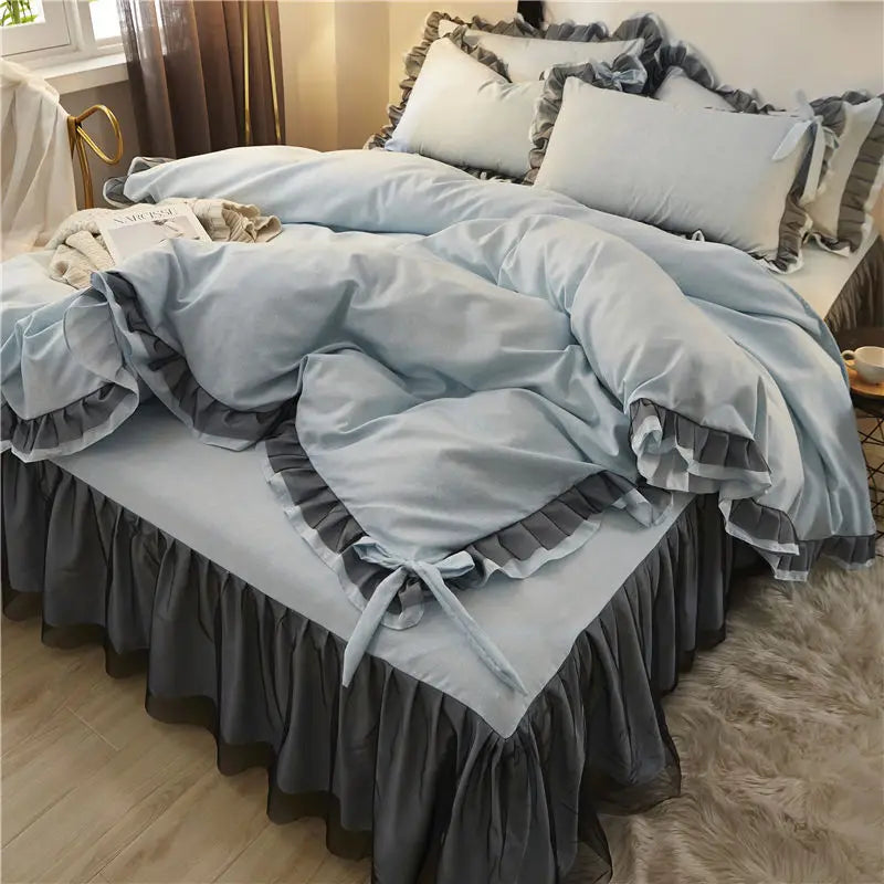 DecorBites™ Korean Bed Skirt Set with Ruffled Edges - Solid, Skin-Friendly Bedding Kit