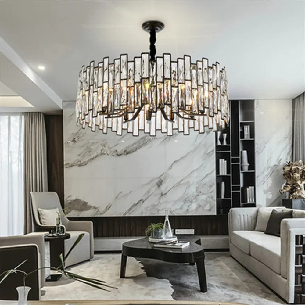 DecorBites™ Black Crystal Chandelier: Elegant Round Hanging Lamp for Living Room, Dining Room & Restaurant