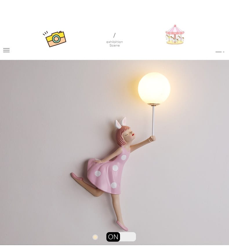 Whimsical pink polka dot fairy girl wall lamp with a spherical bulb designed as a girl wall lamp for bedroom decor.
