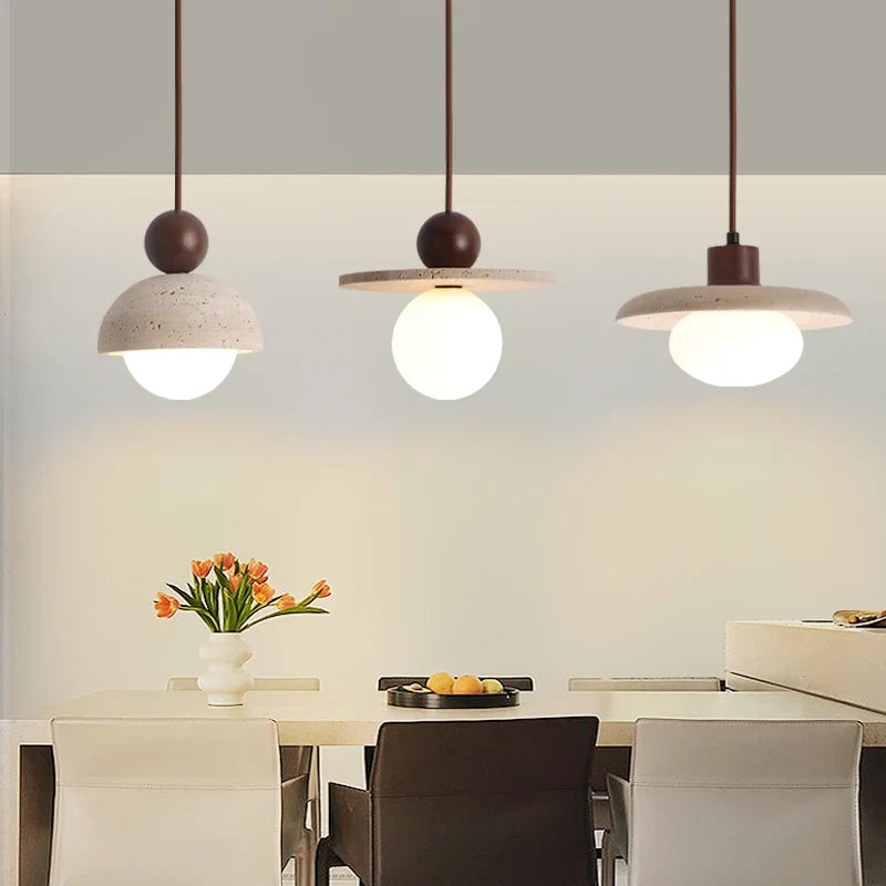 DecorBites™ LED Pendant Lamp with Wood Canopy & White Glass Chandelier - Yellow Travertine Kitchen Bedroom Lighting