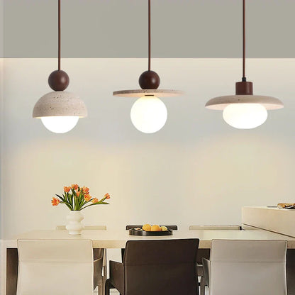 DecorBites™ LED Pendant Lamp with Wood Canopy & White Glass Chandelier - Yellow Travertine Kitchen Bedroom Lighting