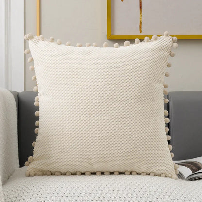 Juego de fundas de cojín decorativas DecorBites™ con pompones color beige - Decoración de sofá de primera calidad para el hogar