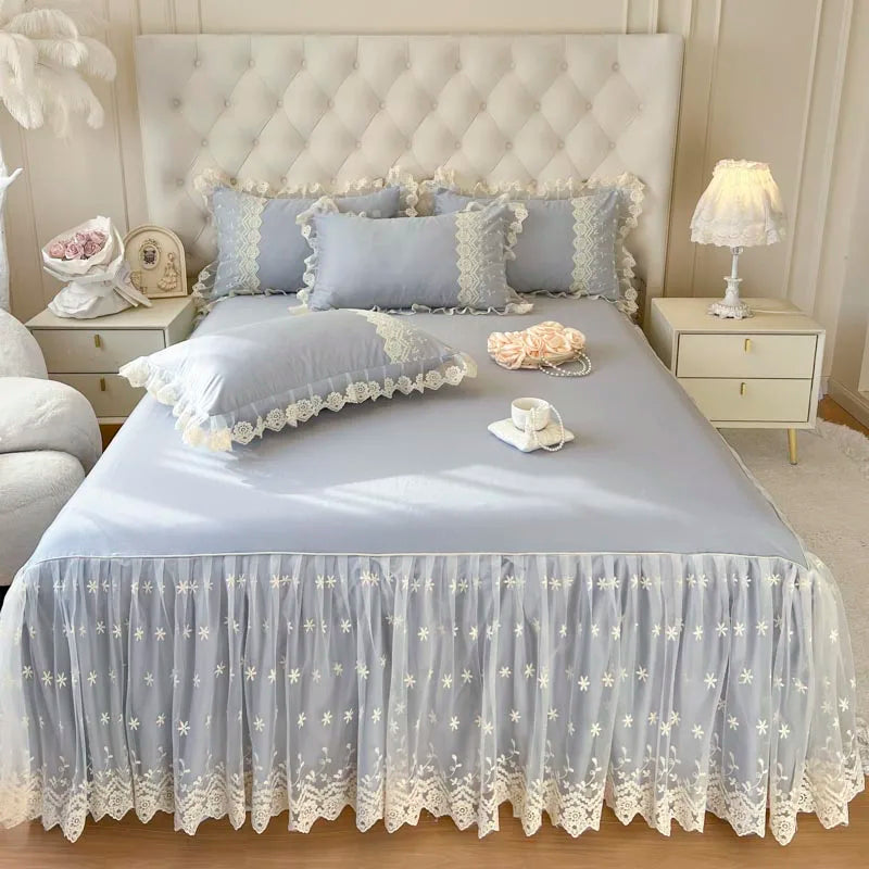 Decobites Cotton Lace Princess Bed Sheet Set with Solid Color Bedspread