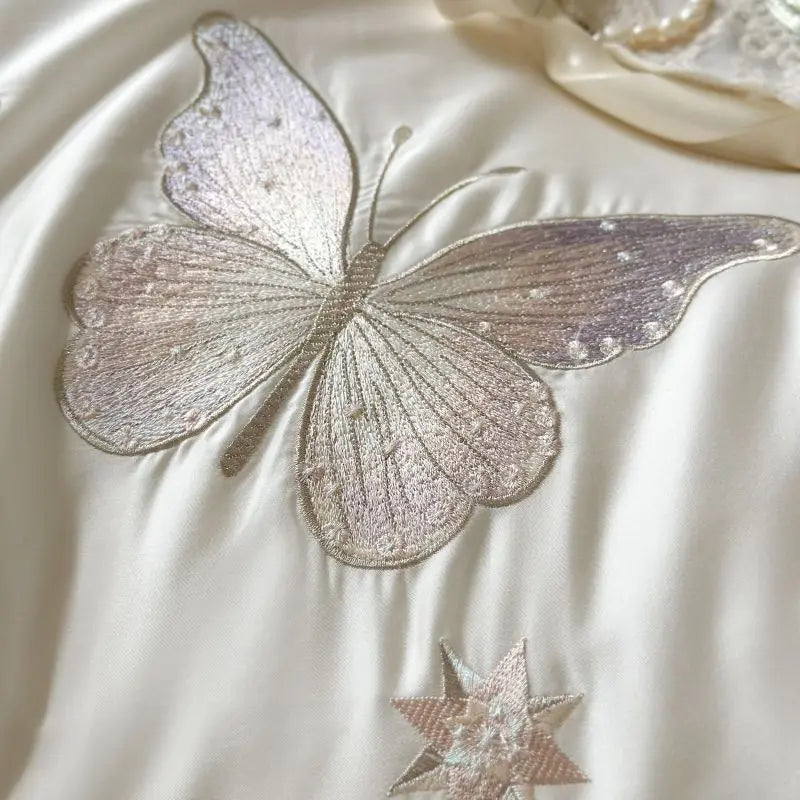 Decobites Butterfly Lace Ruffles Embroidery Bedding Set 4Pcs