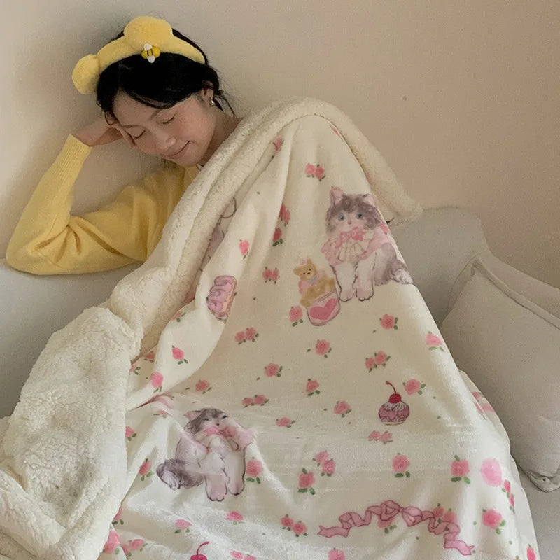 DecorBites™ Cartoon Lamb Wool Blanket - Thick, Printed Coral Fleece Sofa Cover