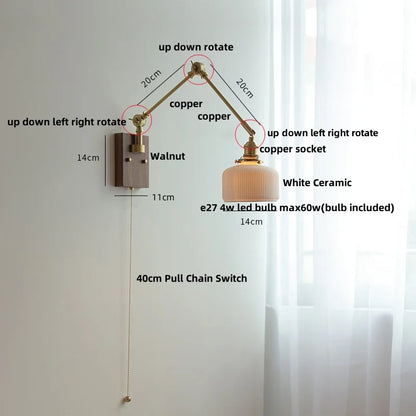 DecorBites™ Ceramic LED Wall Light Rotatable Walnut Bedside Lamp