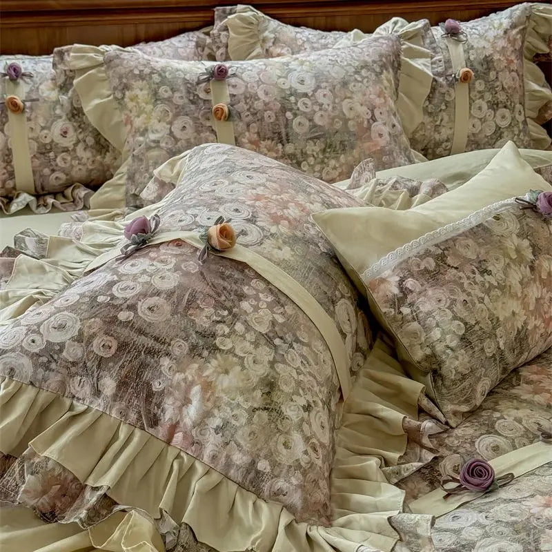 Decobites Vintage French Flowers Lace Ruffles Bedding Set with Egyptian Cotton Quality