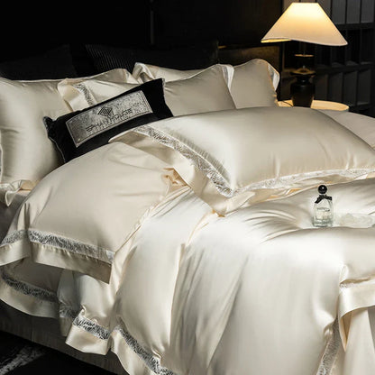 Decobites Luxe Brocade & Egyptian Cotton Bedding Set with Hollow Lace Edge