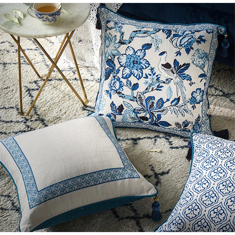 DecorBites™ Chinoiserie Style Blue White Porcelain Birds Floral Lumbar Pillow Case
