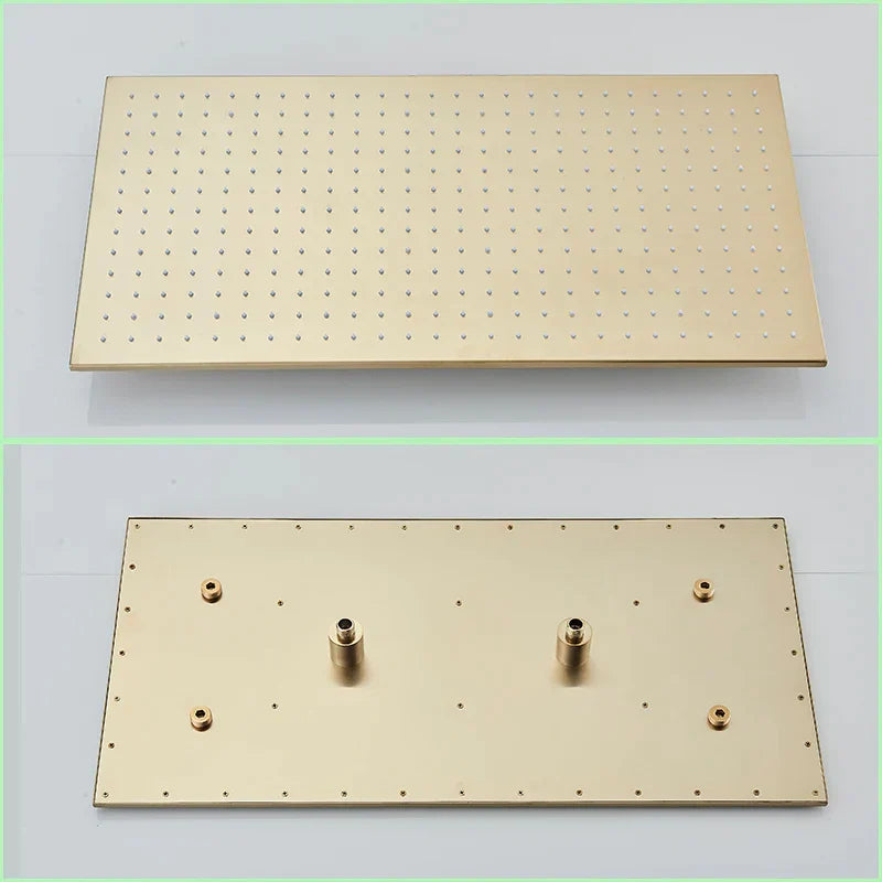 Juego de grifería termostática para ducha DecorBites™ con luz LED en oro cepillado y cabezal de ducha tipo lluvia para techo