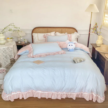 Decobites Blue Pink Lattice Bedding Set: Princess Ruffles Bow, 100% Cotton Quilt Cover, Sheet, Pillowcases